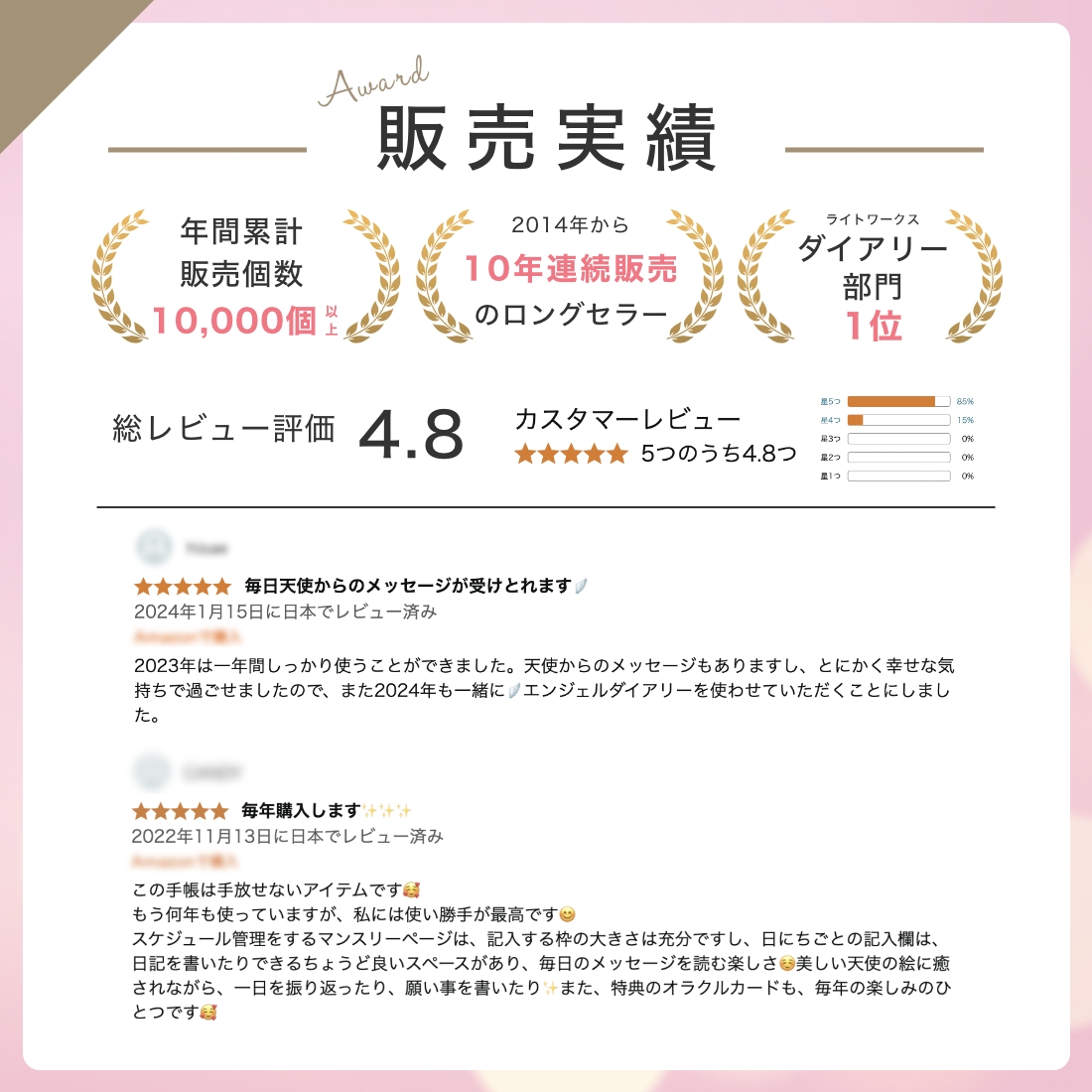 販売実績　年間累計販売個数　10,000個以上　2014年から10年連続販売のロングセラー　ライトワークスダイアリー部門1位